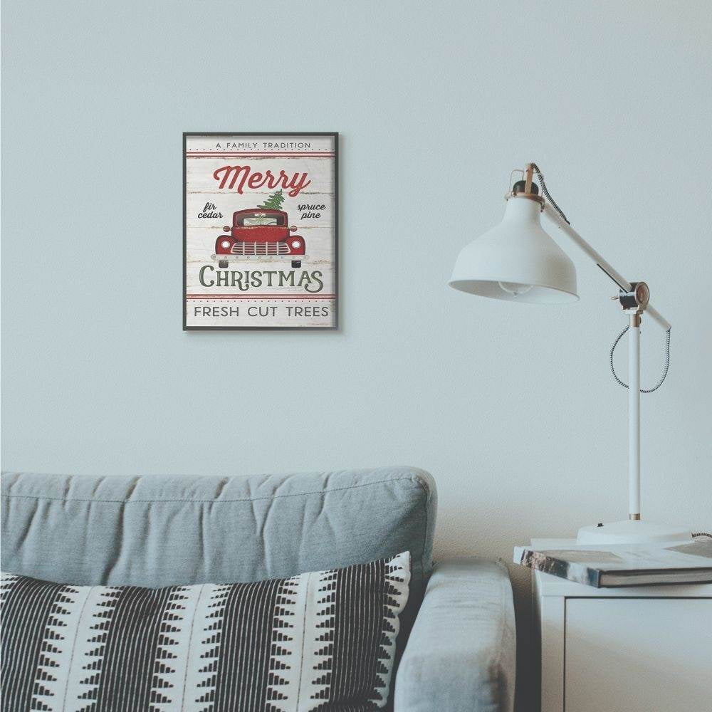 Stupell Industries Merry Christmas Red Truck Wood Texture Holiday Word DesignFramed Wall Art By Artist Jennifer Pugh