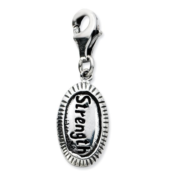 Sterling Silver Amore La Vita Polished Antiqued STRENGTH Charm Pendant with Fancy Lobster Clasp