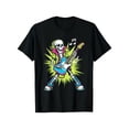 thumbnail image 1 of T Shirt Unisex Vintage Rock Punk | Cartoon Skull Electric Guitar Design with Neon YellowGreen Comic Explosions And Musical Notes, 1 of 5