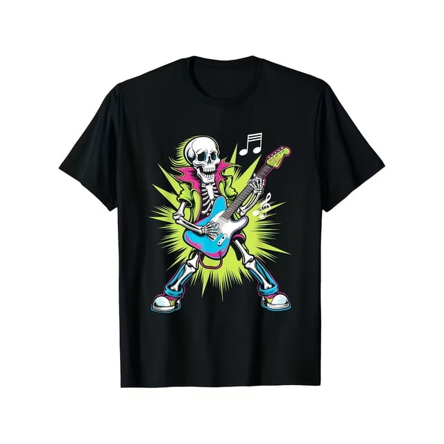 T Shirt Unisex Vintage Rock Punk | Cartoon Skull Electric Guitar Design with Neon YellowGreen Comic Explosions And Musical Notes