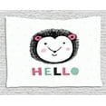 thumbnail image 1 of Hedgehog Tapestry, Sketch Animal Typographic Colorful Hello Message on Rainy Background, Wall Hanging for Bedroom Living Room Dorm Decor, 80W X 60L Inches, Pink Baby Blue and Black, by Ambesonne, 1 of 2