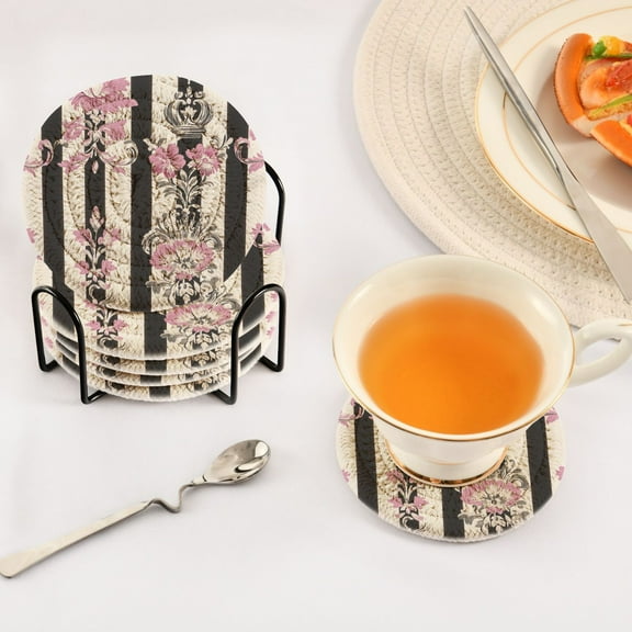 YAZAOO 6Pcs Drink Coasters With Holder 3.94Inch Floral Pink Black Damask Creative Coil Coaster Coasters Colors Absorbent Coasters for Drinks Coasters Set Thicken Heat for Home Table
