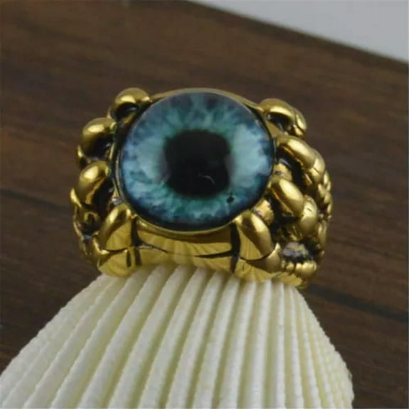 GKNET Men's Domineering Punk Demon Eye Skull Head Stainless Steel Rings Size 7-12-7-Gold-Green