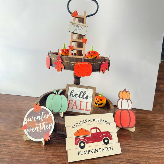 VBXOAE Halloween Wooden Tiered Tray Decor Set 9 Cute Fall Decorations for Pumpkins,Cars,Ladders Houses Suit for Party Tabletops Home Mantels