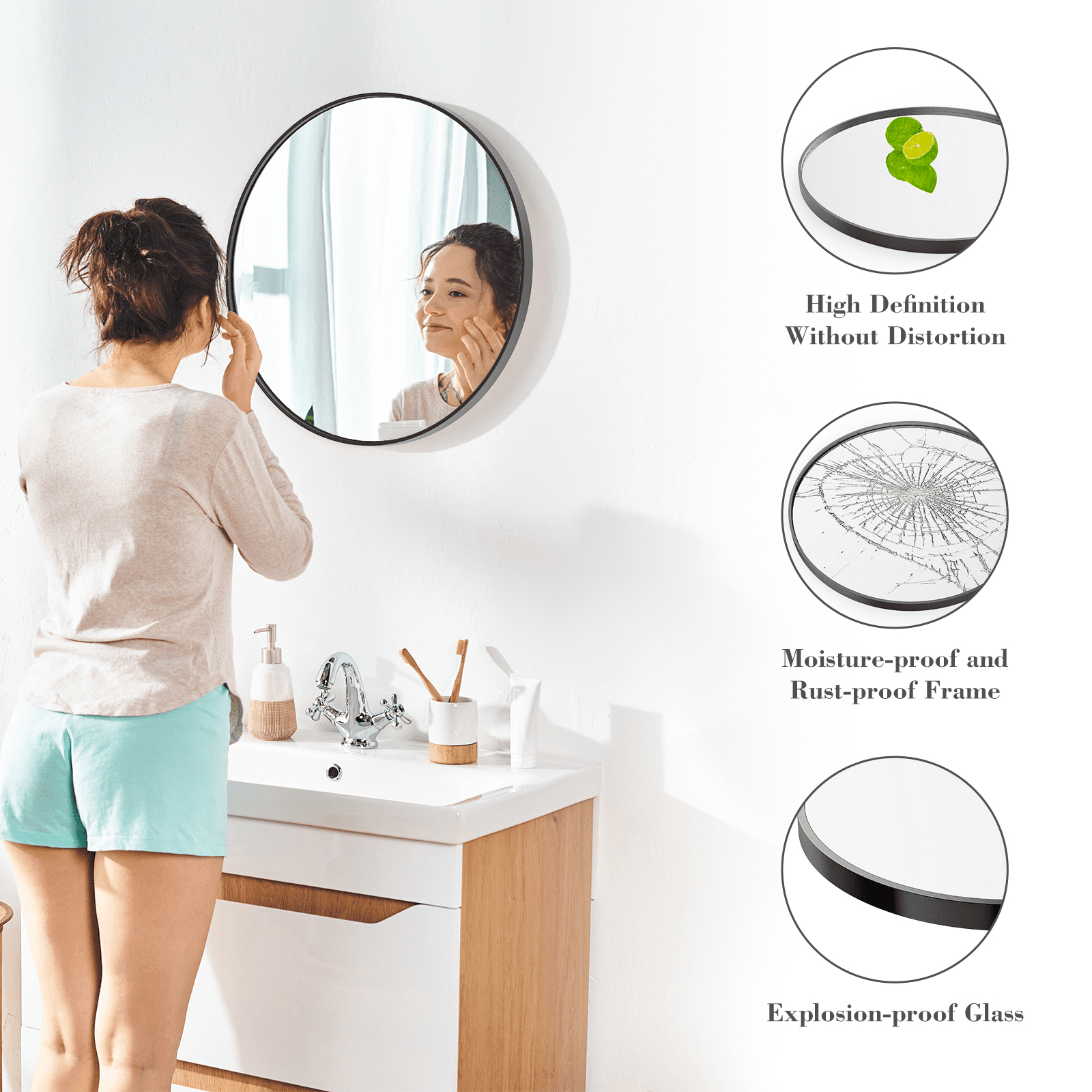 MAYEERTY 24in Round Wall Mirror Vanity Mirror for Bathroom，Black