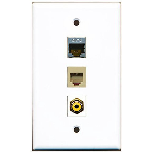 RiteAV - 1 Port RCA Yellow and 1 Port Phone RJ11 RJ12 Beige and 1 Port Shielded Cat6 Ethernet Wall Plate