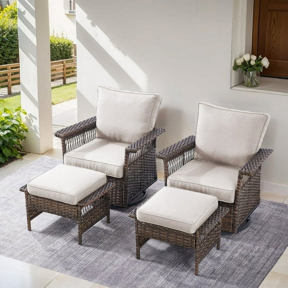 PARKWELL 4-Piece Outdoor Swivel Gliders with Ottoman Seat Foot Rest,360 Degree Swivel Rocker Chair Rattan Wicker Conversation Bistro Furniture Sets,Beige