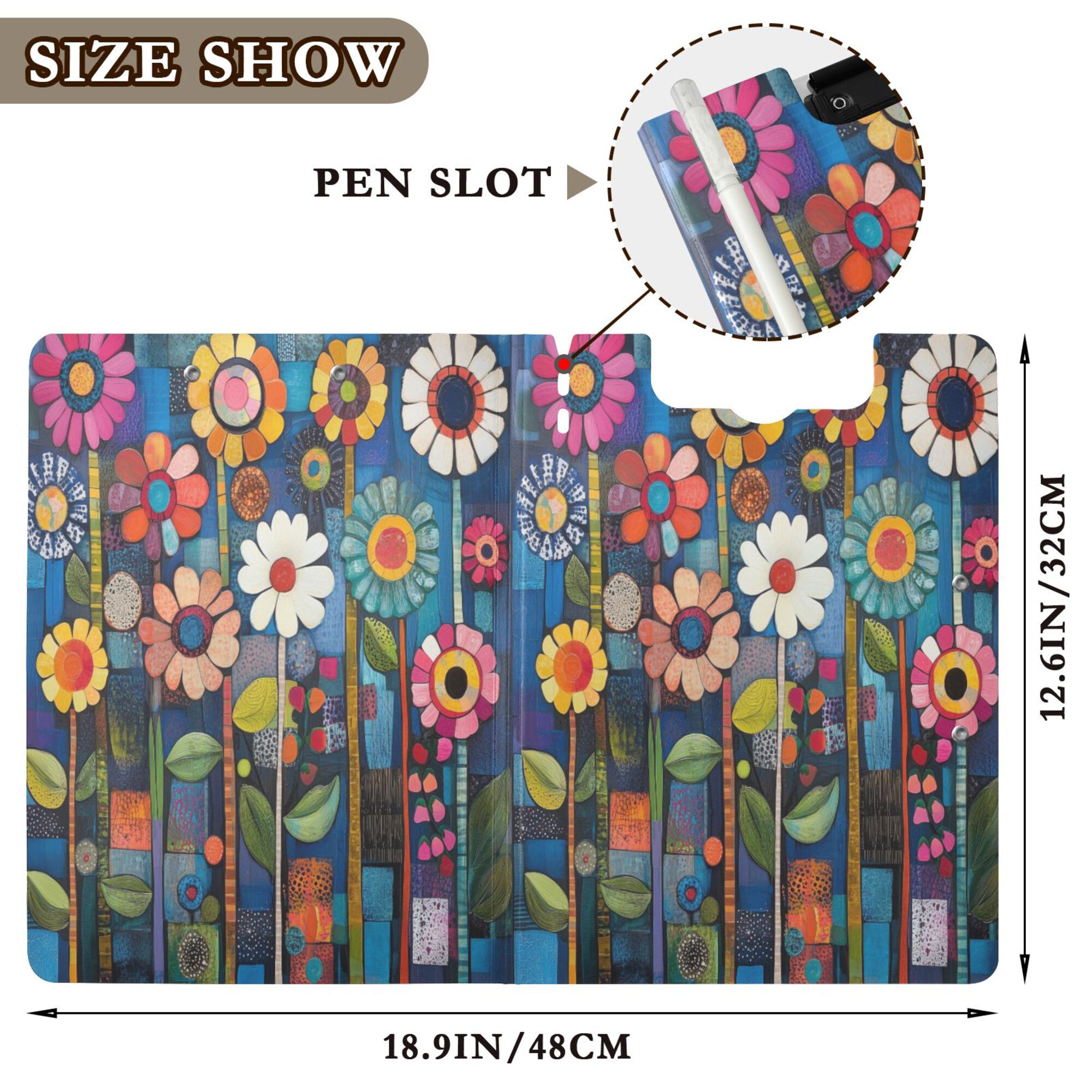 FORMRS A4 Clipboard Folder with Pen Holder Horizontal Foldable School Office Binder, Blue Colorful Flowers