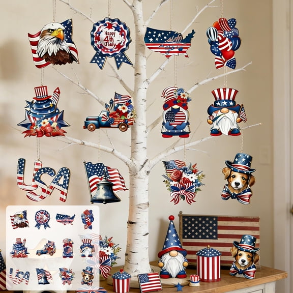 BUTASY 12 Pcs 4th of July Wooden Ornaments, Patriotic Red White Blue American Gnome Ornaments for Memorial Day Tree Home Party Decor