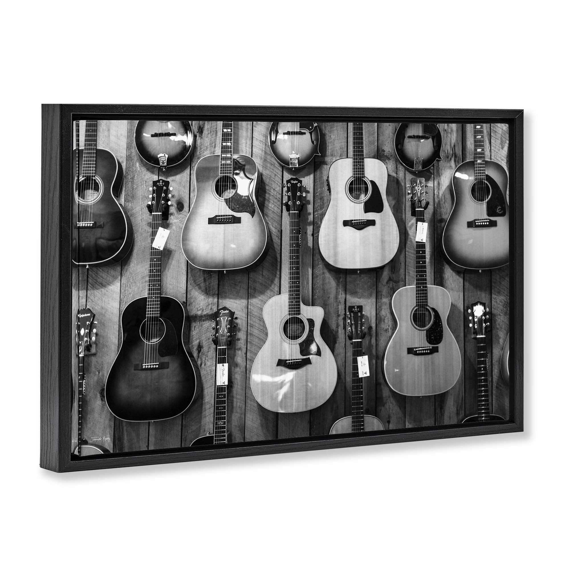 Stupell Industries Acoustic Guitars Hanging Entertainment Painting Black Floater Framed Canvas Art Print Wall Art, 31 x 21