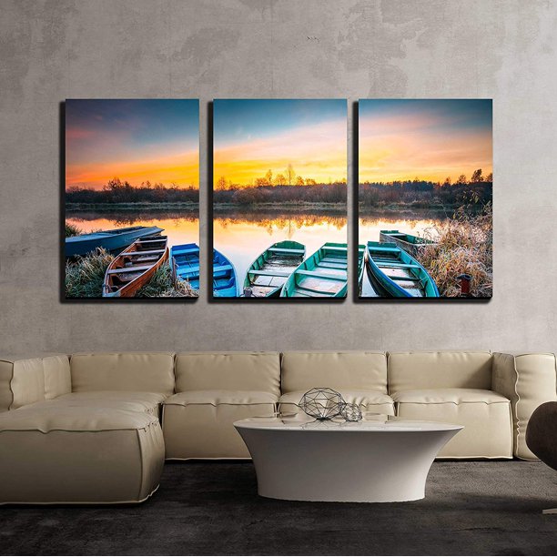 Wall26 3 Piece Canvas Wall Art Lake, River and Rowing Fishing Boat at