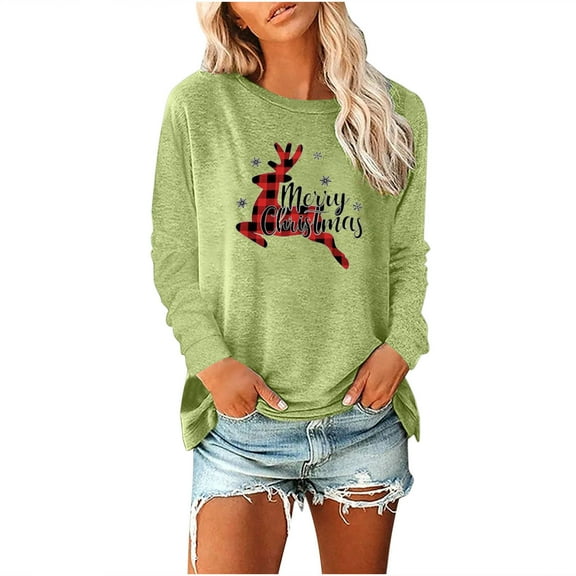 Odeerbi Christmas Shirts For Women 2025 Long Sleeve Tops Merry Christmas Solid Print Round Neck Round Neck Top Green