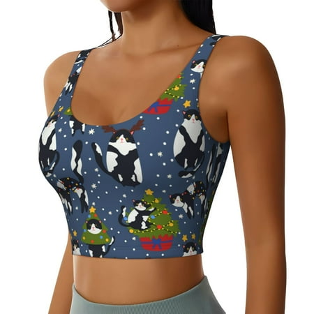 Picia Festive Cats and Trees Sports Bra for Women Padded Strappy Sports Bras Medium Support Yoga Bra with Removable Cups Running Yoga Bra-Small