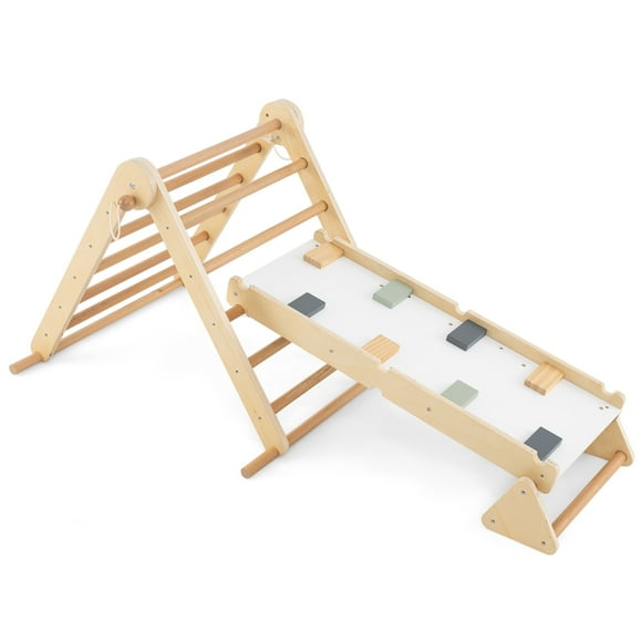 Gymax 3-in-1 Pikler Triangle Climbing Set Kids Montessori Climbing Toys Wooden Climber