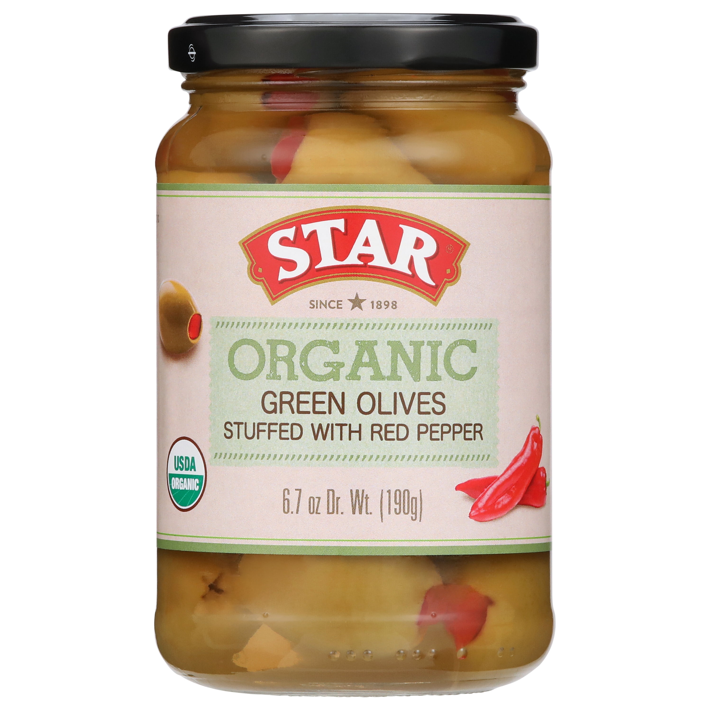 STAR Queen Organic Green Olives with Pimento, 6.7oz Glass Jar - Kosher & USDA Organic
