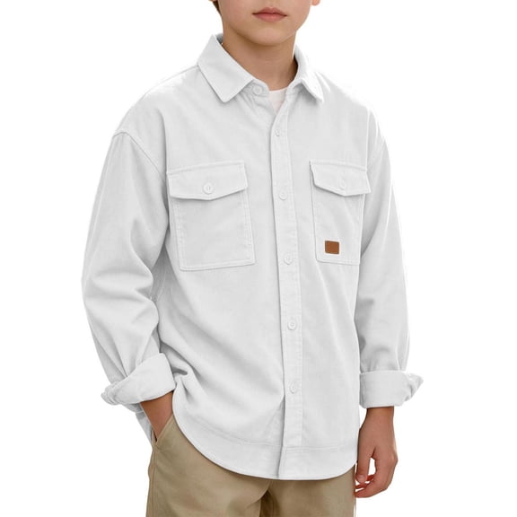 Fesfesfes Boys Corduroy Shirt Jacket Long Sleeve Button Down with Double Chest Pockets Relaxed Fit Casual Outerwear for School Outdoor Wear 4-14 Years