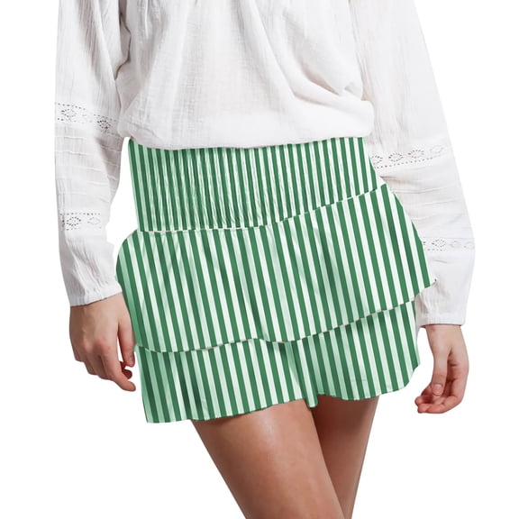Bibifish Womens Skirts Striped Printed Ruffled Tiered Skirts Elastic High Waist Lightweight Lovely Retro Style Mini Skirts