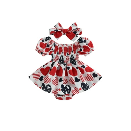 

Wassery Baby Girls 4th of July Dress Romper 6 12 18 24 Months Infant Summer Clothes Short Sleeve Boat Neck Heart Star Print Buttons Short Jumpsuit + Head Band Independence Day Set 0-24M
