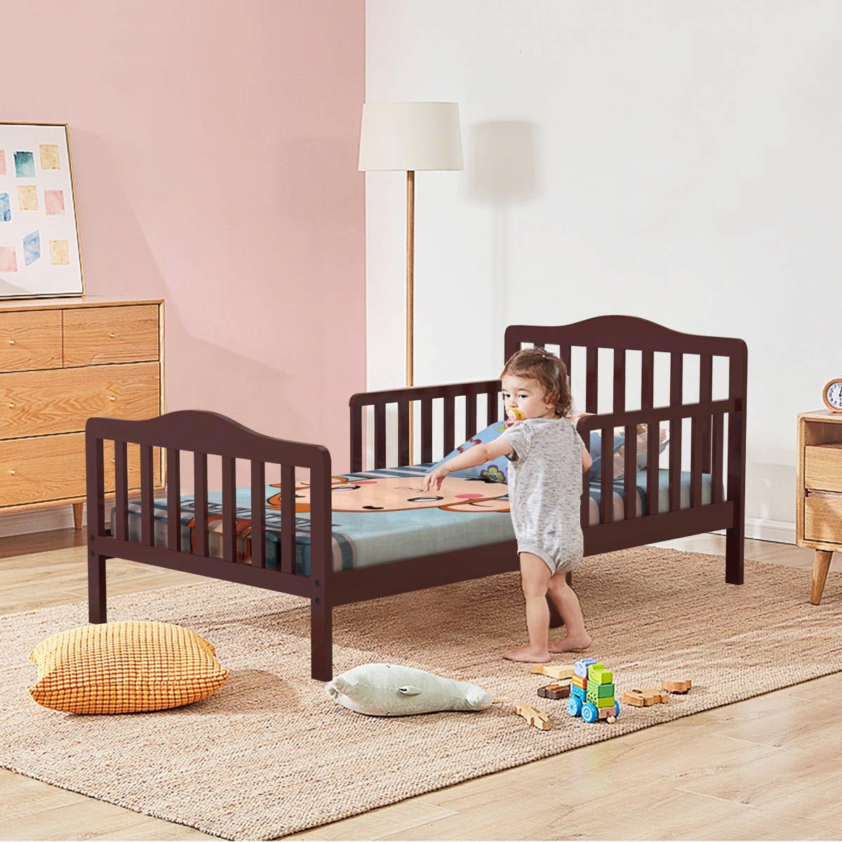 Ktaxon Baby Toddler Bed Solid Wood Bedroom Furniture with Safety Rails ...