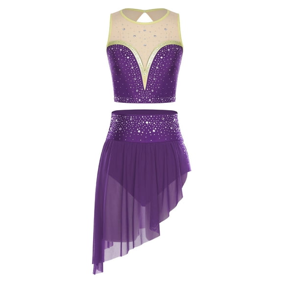 Moggemol Women's Lyrical Dance Costume Crew Neck Sleeveless Ballet Dance Top With Irregular Skirted Purple XL