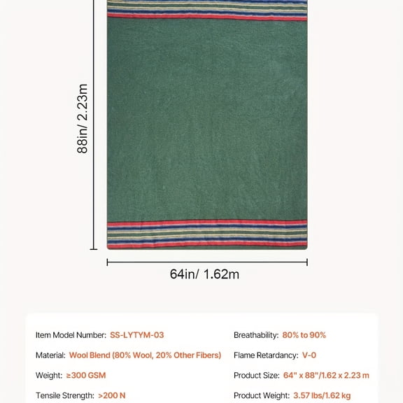 Ruvellia Large 64"x88" Wool Camping Blanket, 80% Wool Windproof & Flame Retardant, Soft Cozy for Outdoors, Picnics, Travel, Multicolor Striped