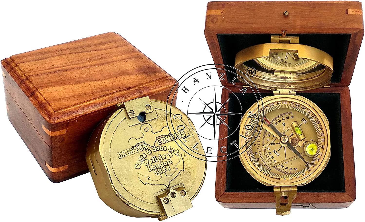 Antique Stanley London Compass Nautical Brass Brunton Compass With Wooden box 