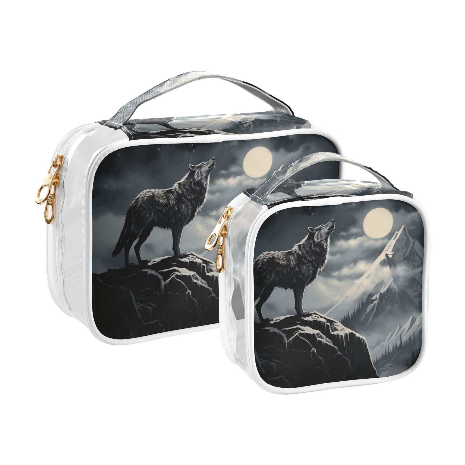 Clear Makeup Bags with Handle Large Opening 2 Pack Set Toiletry Bag Quart Size Bag, for Women Man Traveling Travel Essentials, Toiletries and Other. Wolf