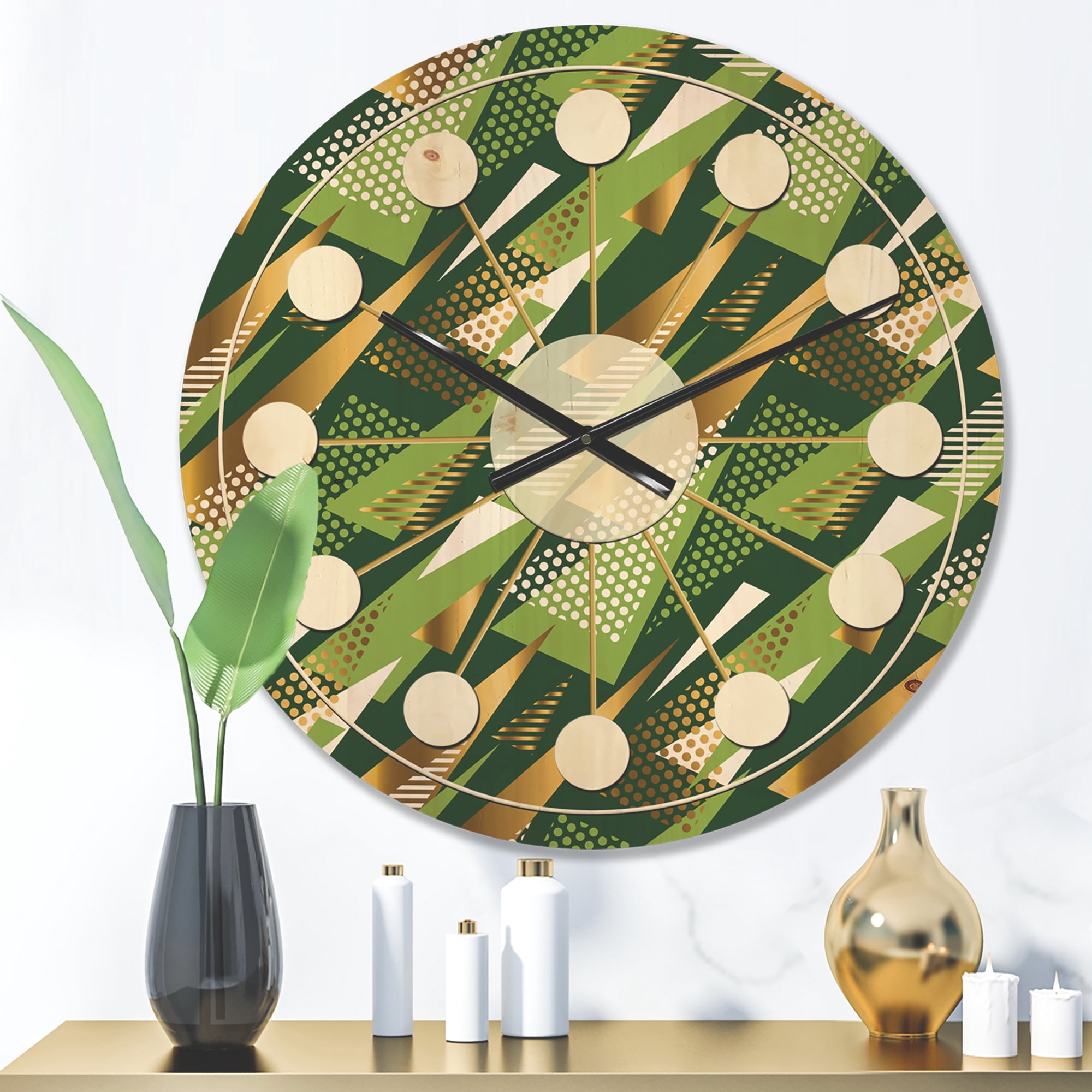 Designart 'Triangular Green and Gold Design I' Mid-Century Modern Wood Wall Clock