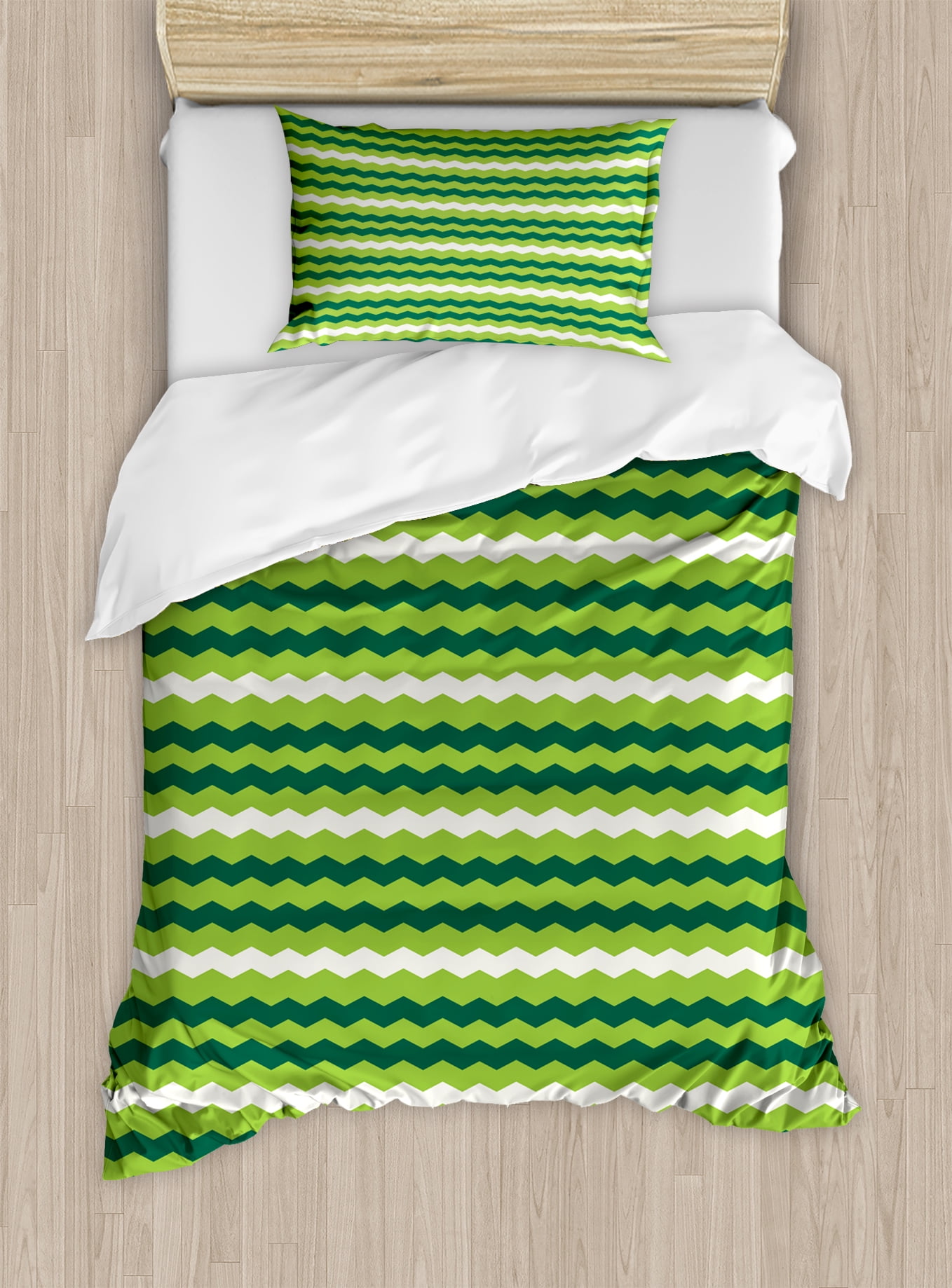 Green Duvet Cover Set Wavy Horizontal Lines In Vibrant Colors