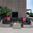 thumbnail image 1 of 7 Piece Outdoor Deck Furniture Sets with 6 Rattan Wicker Chairs, Coffee Table, All-Weather Patio Conversation Set with Dark Blue Cushions for Backyard, Porch, Garden, Poolside, LLL1308, 1 of 8