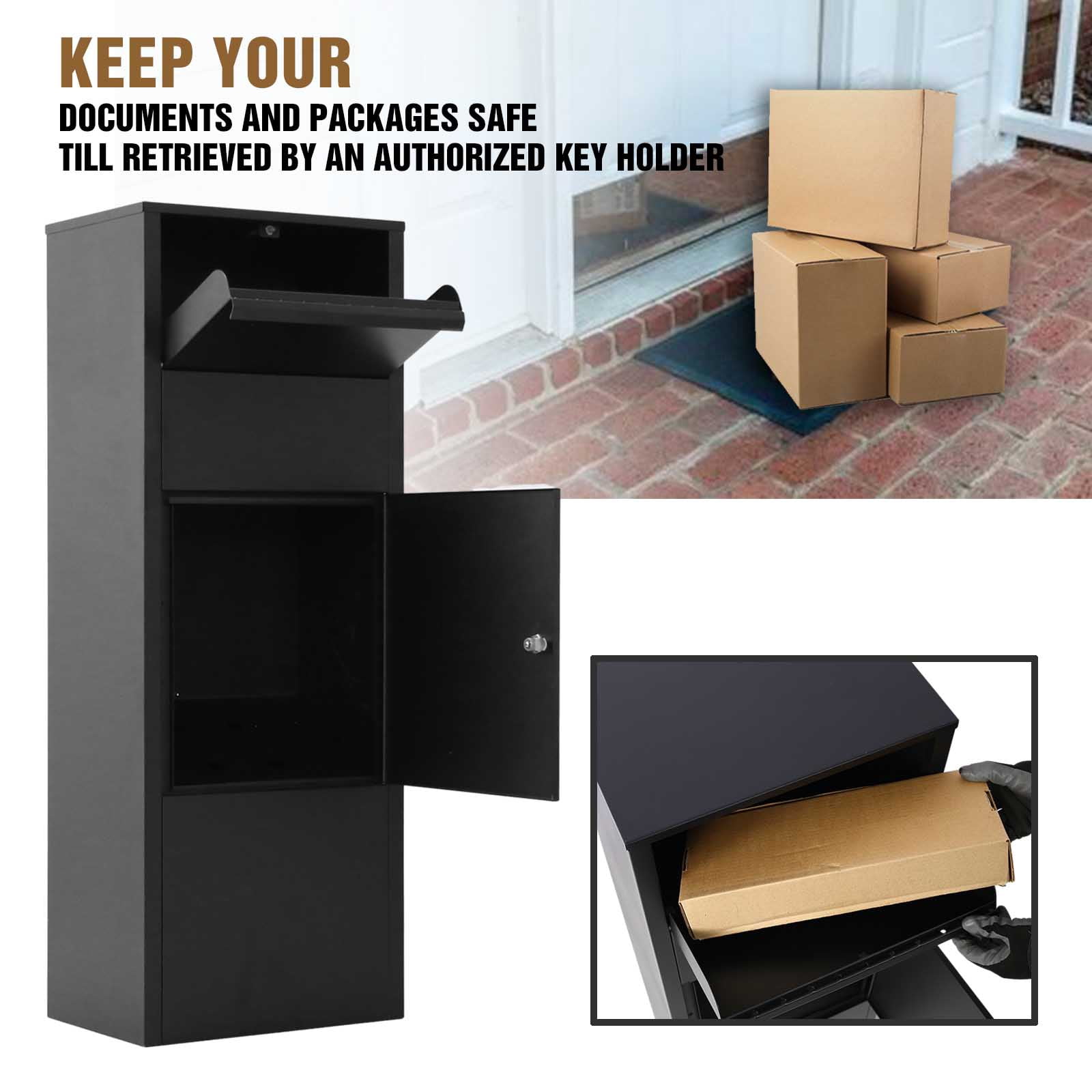 BARONAGE 10.5" x 15.5" x 41.30" Large Package Delivery Parcel Mail Drop Box for Black, Galvanized Steel Parcel Drop Box with Lockable Storage Compartment