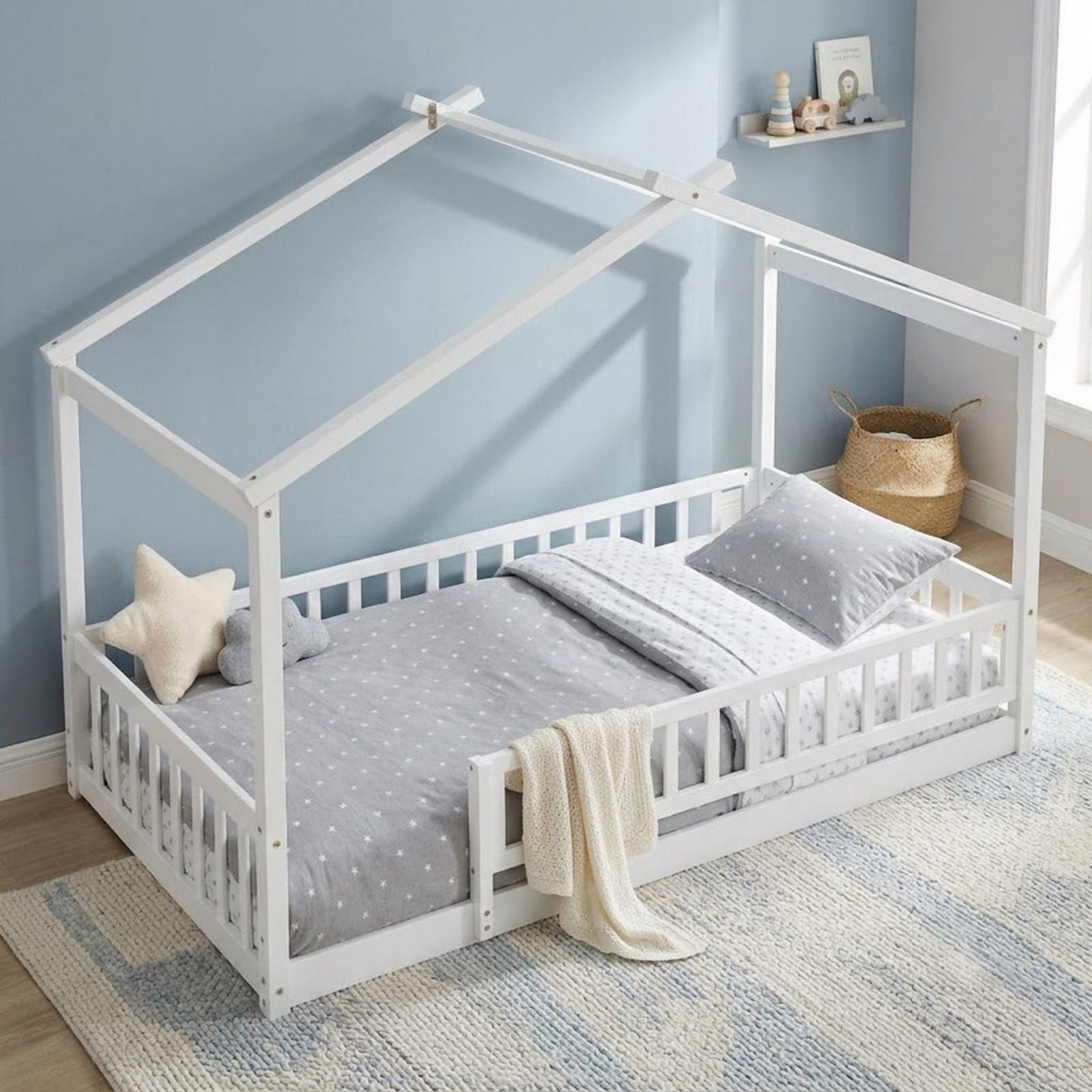 Twin Size Wood House Bed Floor Bed with Fence and Guardrails, Kids Playhouse Bed Toddler Bed Montessori Bed for Kids Boys Girls, No Box Spring Needed