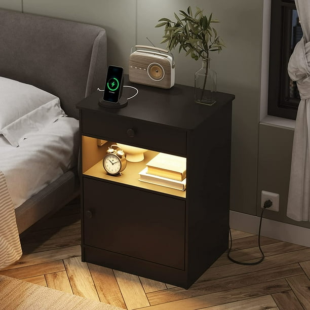 ADORNEVE Nightstand with LED Light and Charging Station, Modern Bedside