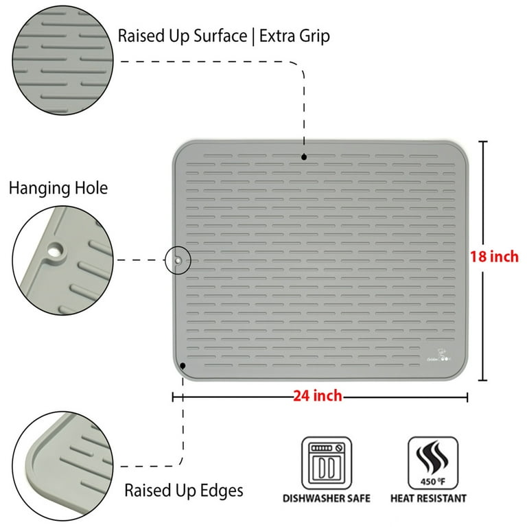 Silicone Dish Drying Mat - 24 X 18 - Extra Large Dish Drying Mat (Gray) 