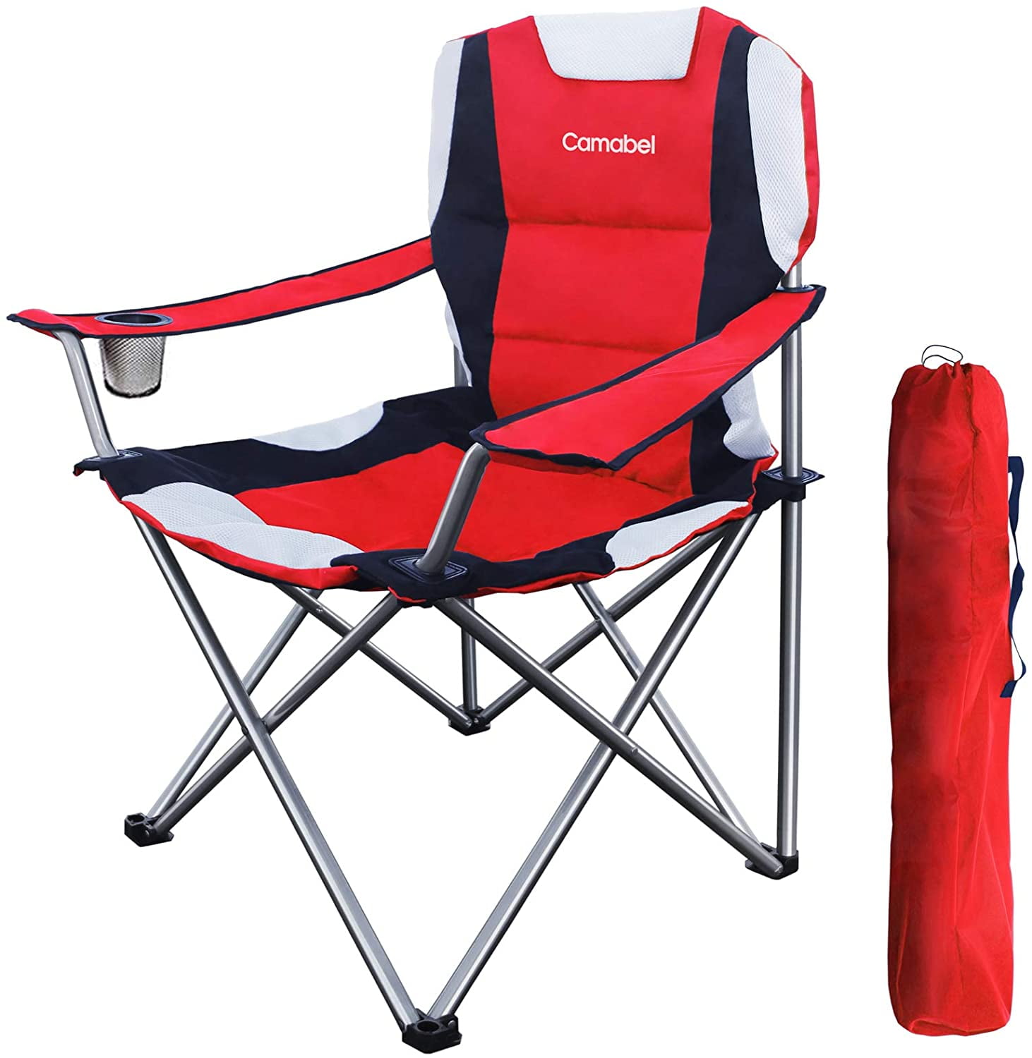 Heavy Duty Folding Outdoor Camping Chair Padded Comfort Seat with Removable Lumbar Back Support Pillow Cup Holder and Side Pockets Camp Supports to 300 lbs Patio for Outdoor Indoor Fishing