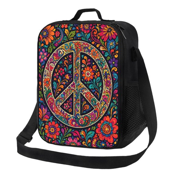 Floral Peace Sign Lunch Bag Insulated Thermal Lunch Box with Shoulder Strap & Handle for Women and Men