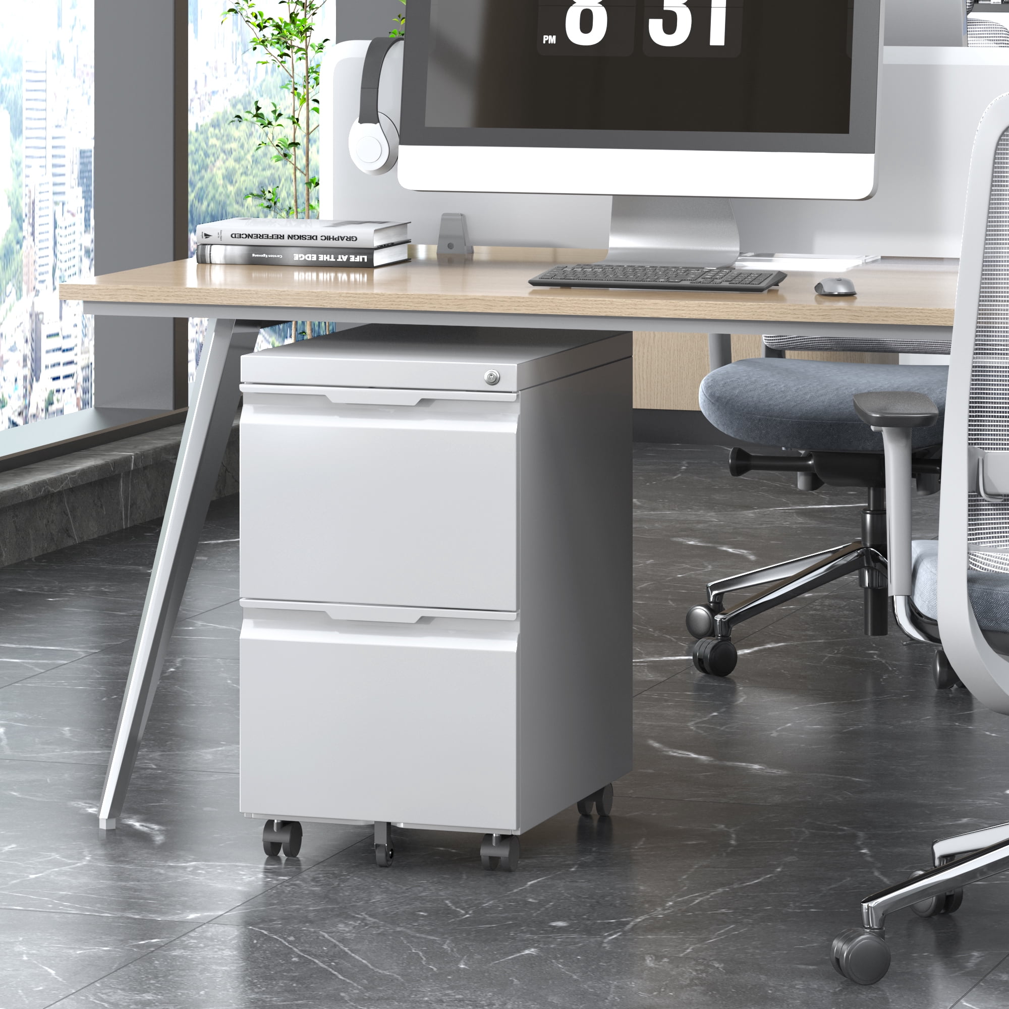 2 Drawer Mobile File Cabinet, Under Desk Storage Cabinet with Lock, Metal Filing Cabinet for A4/F4/Letter