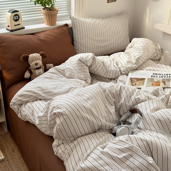 Minimalist Beige Striped Comforter Set Soft Lightweight Microfiber Bedding Comforter with Pillowcases Twin Size