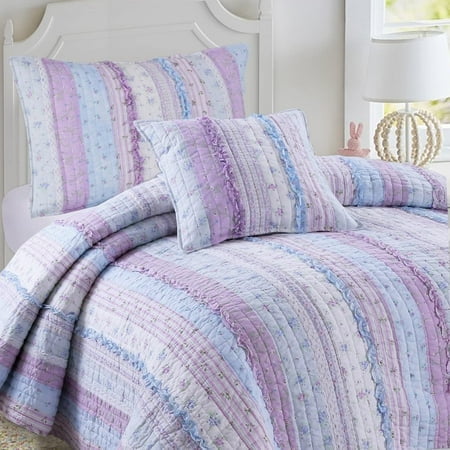 Cozy Line Home Fashions Raelynn Romantic Lace Light Lavender Orchid Blue Flower Print Stripe Cotton 3D Bedding Quilt Set Reversible Coverlet Bedspread For Girls Women (Lavender King - 3 Piece)