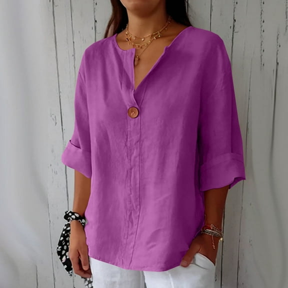 Purple Womens Blouses Linen Shirt for Women Summer Cotton and Linen V Neck 3/4 Sleeve Top Loose Holiday Beach Shirt Tunic Top Ladies Tops and Blouses