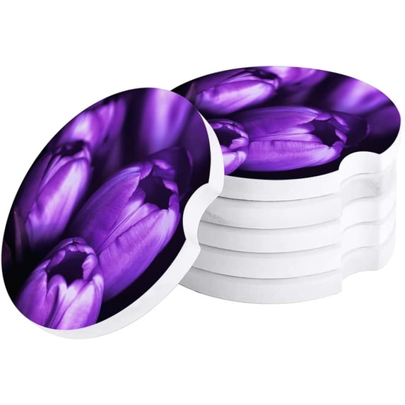 FMSHPON Purple Tulip Black Set of 2 Car Coaster for Drinks, Absorbent Ceramic Stone Coasters Cup Mat with Cork Base for Home Kitchen Room Coffee Table Bar Decor