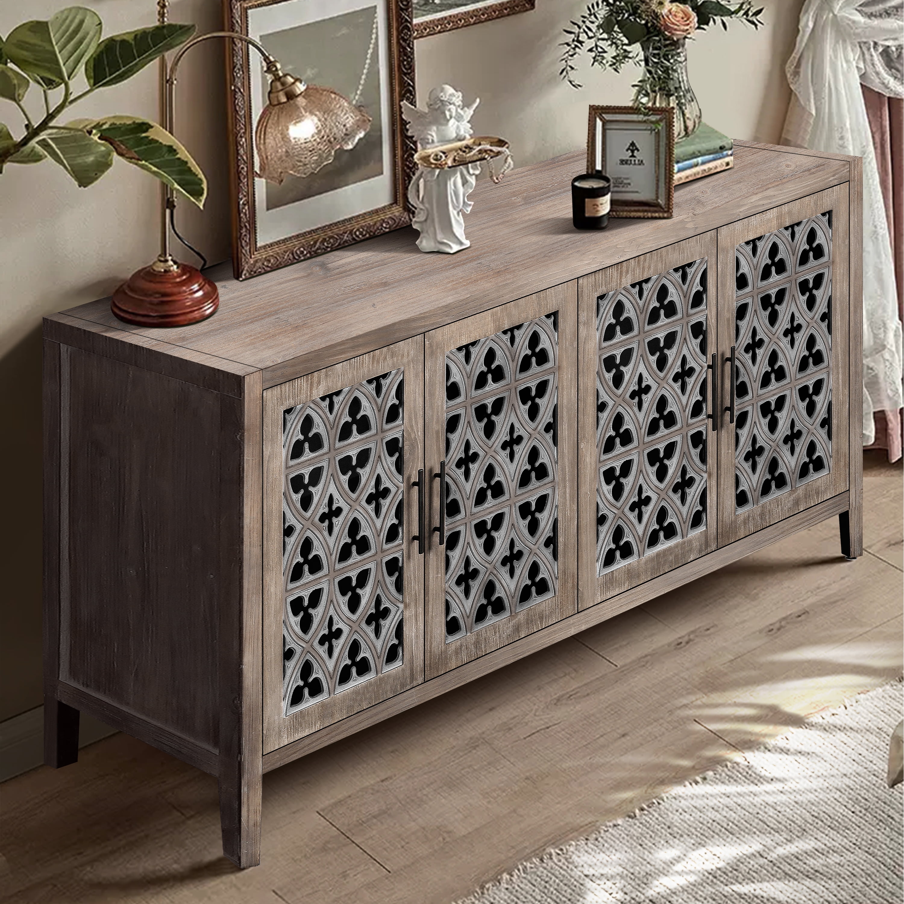 Lunale Retro Hollow Carved Storage Cabinet, American Country Style Sideboard, Suitable for Living Room, TV Cabinet, Kitchen, Brown