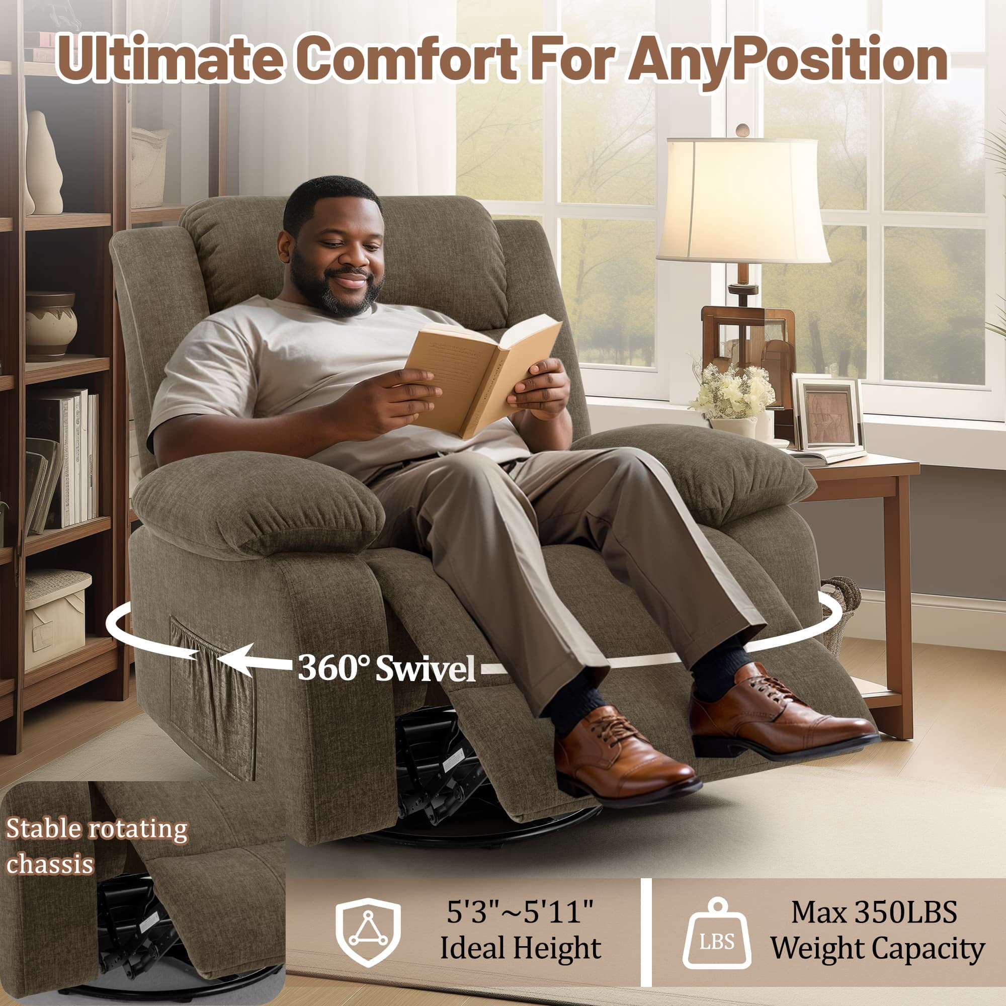 Korser Oversized Swivel Rocker Recliner Chair with Massage and Heating for Living Room,Brown
