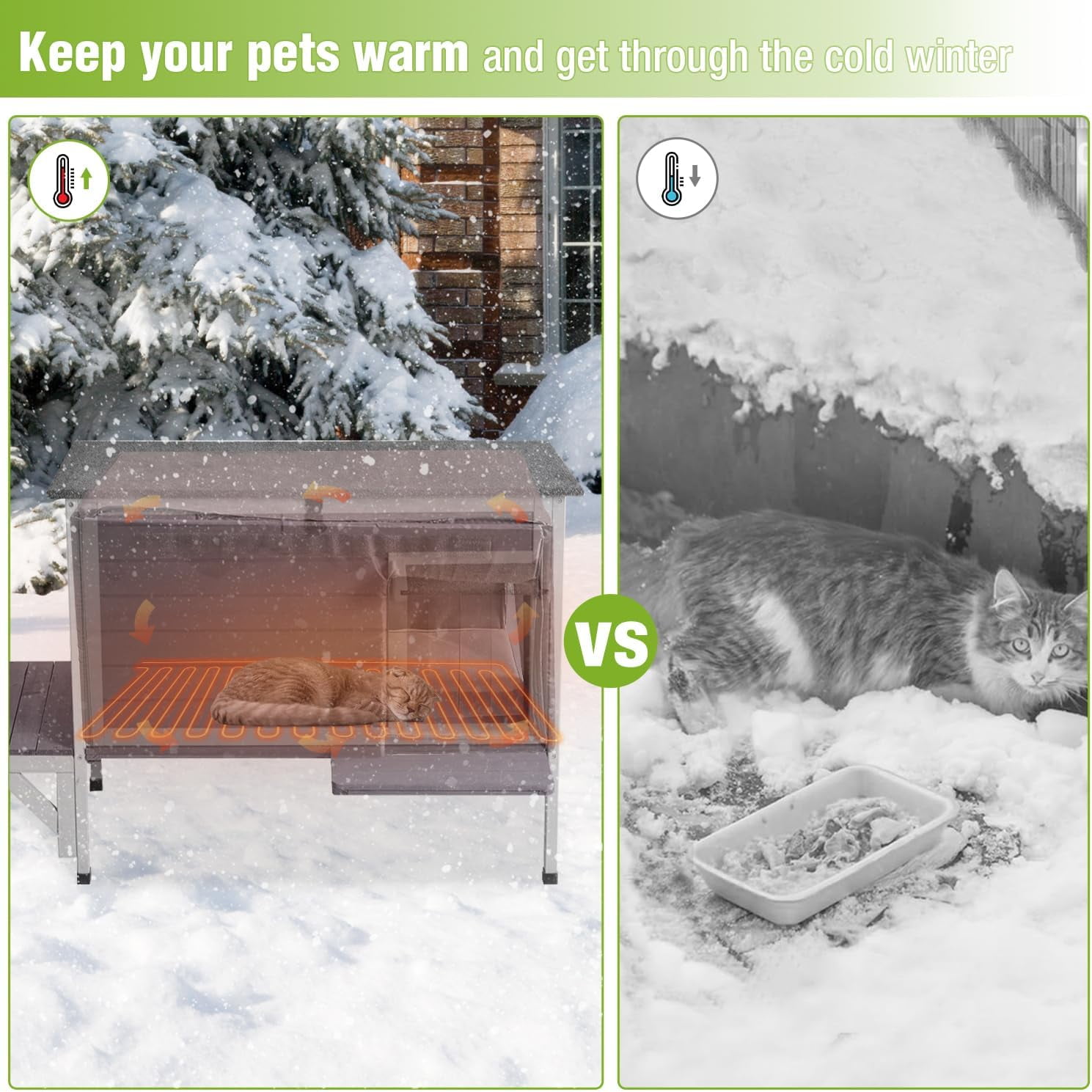 Aivituvin  Heated Cat House with Anti-Chewing Cable Insulated Cat House Outdoor Weatherproof with Liner Feral Cats Shelter with Heater