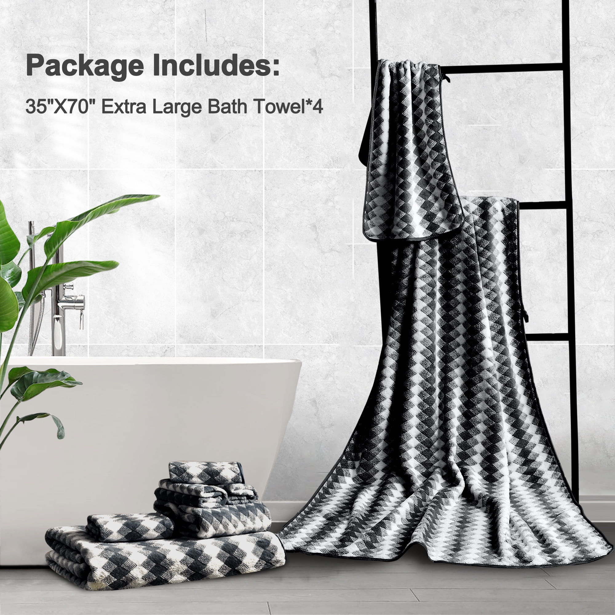 Green Essen 4 Pack Oversized Bath Towel 35 x 70 Inches Highly Absorbent Bath Sheets 600 GSM Soft Extra Large Bath Towel Sets Quick Dry Shower Towel for Bathroom Spa Hotel Gym Pool(Black)
