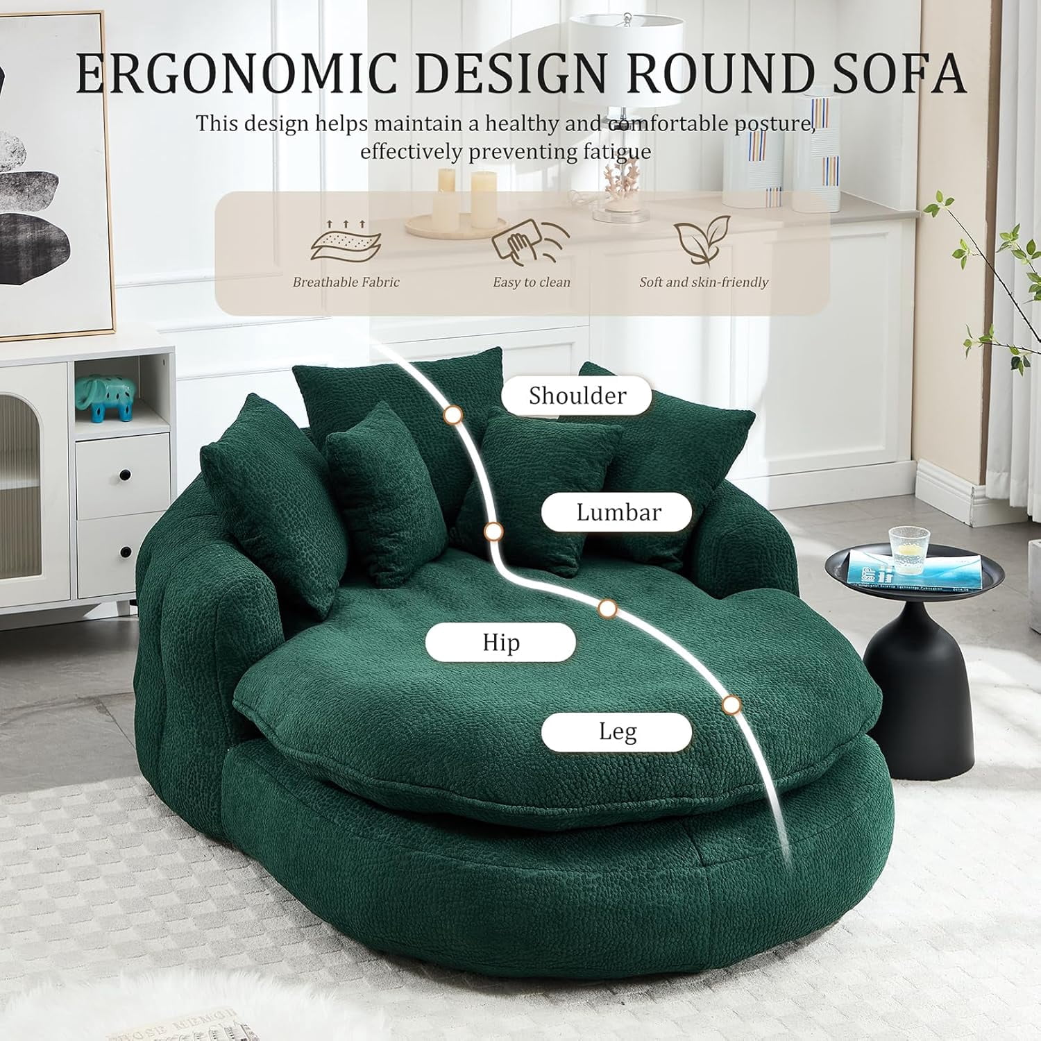 AENKYO Oversized Chenille Bean Bag Sofa with 5 Pillows, Oval Lazy Floor Sofa with Wraparound Backrest for Adults-Green