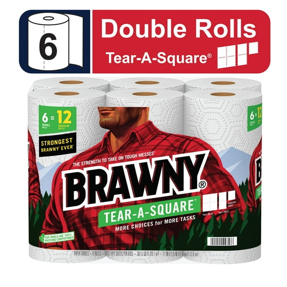 Brawny Tear-A-Square Paper Towels, White, 3 Sheet Sizes, 6 Double Rolls