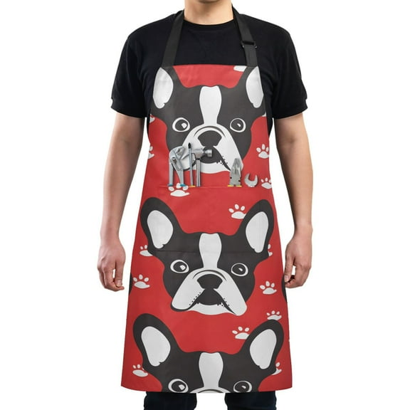 Cute French Bulldogs and Pawprint Kitchen Apron with 2 Pockets Adjustable waterproof Cooking Aprons for Women Men Chef