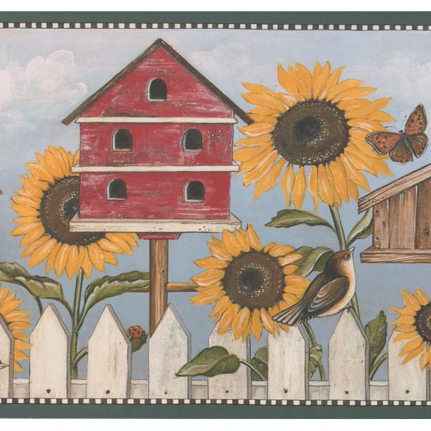 Wallpaper Border Sunflower Birdhouse Butterly Bird Rustic Wall Border