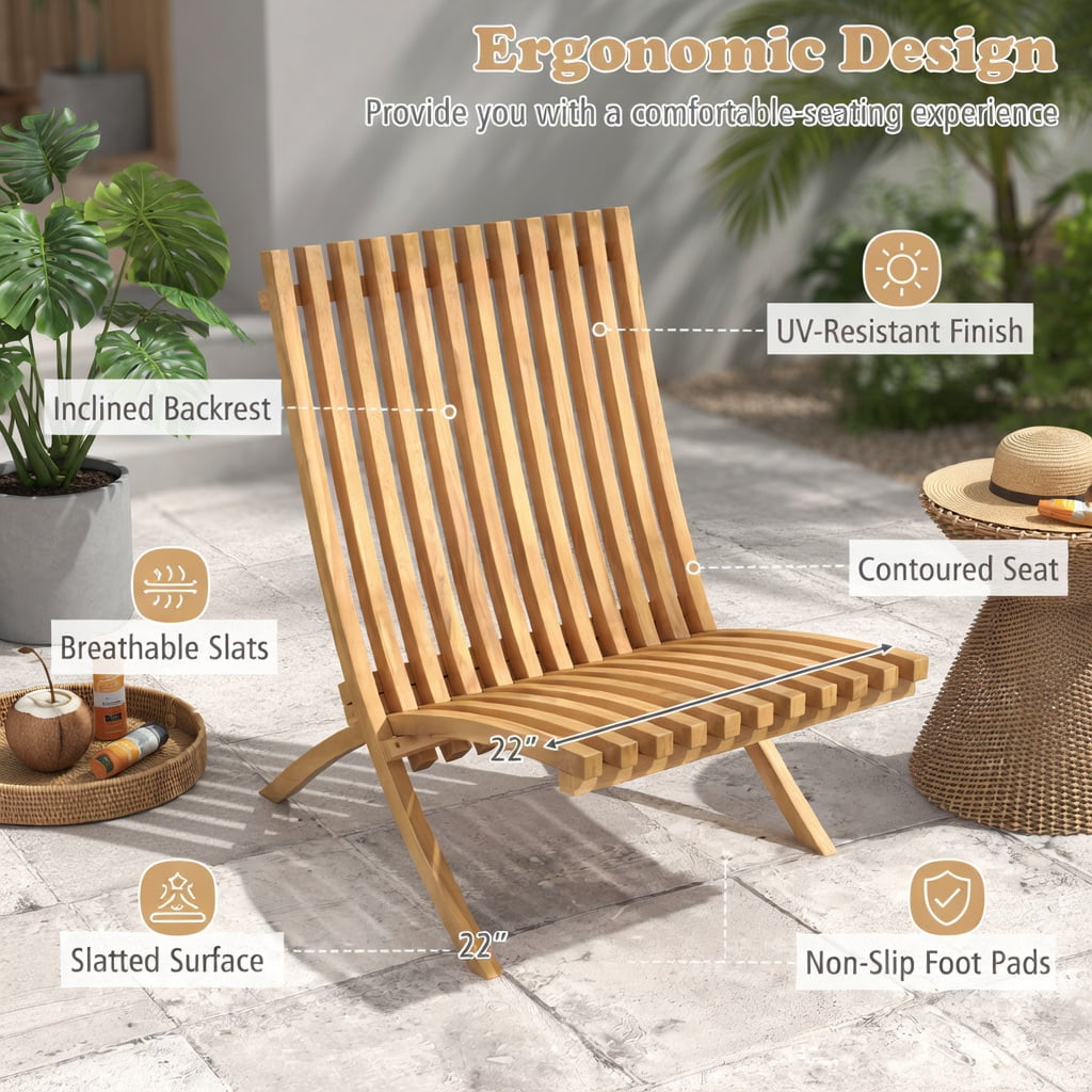 Hommoo Folding Teak Wood Outdoor Lounge Chair, Ergonomic Slatted Design, Compact Foldable for Patio, Backyard & Fire Pit Use, Natural